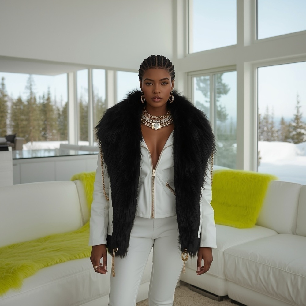 HANDCRAFTED digital art prints Stylish White Jacket with Black Fur Collar by me